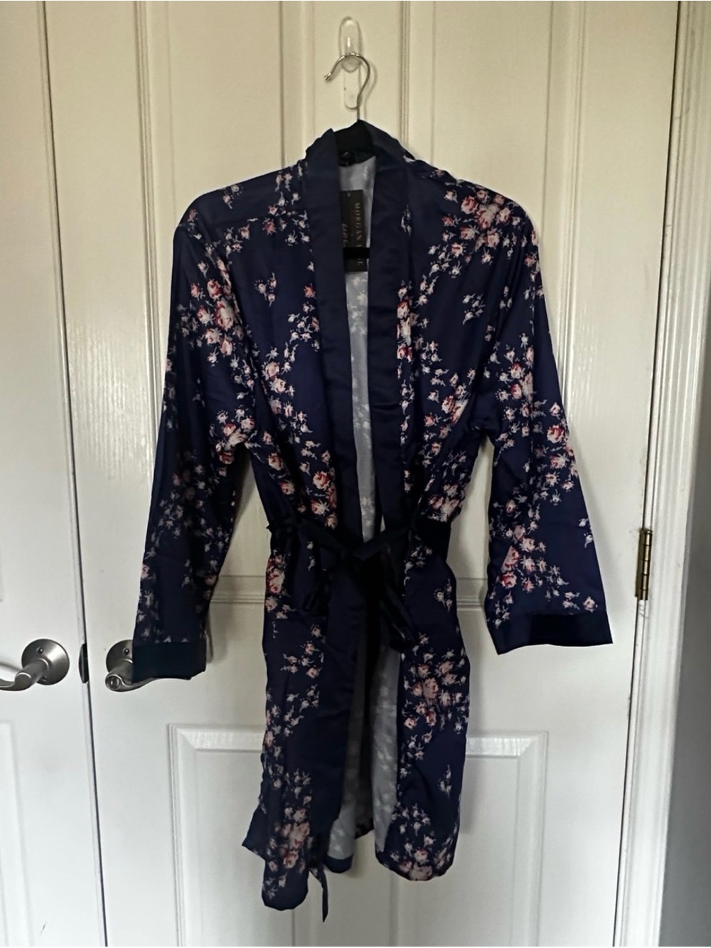 Morgan Lane Navy Floral Satin Kimono Robe with Pink Blossoms